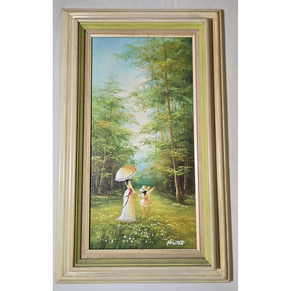 Vintage Signed Newton Oil Painting I Wood Frame  - Lady & Little Girl impaso
